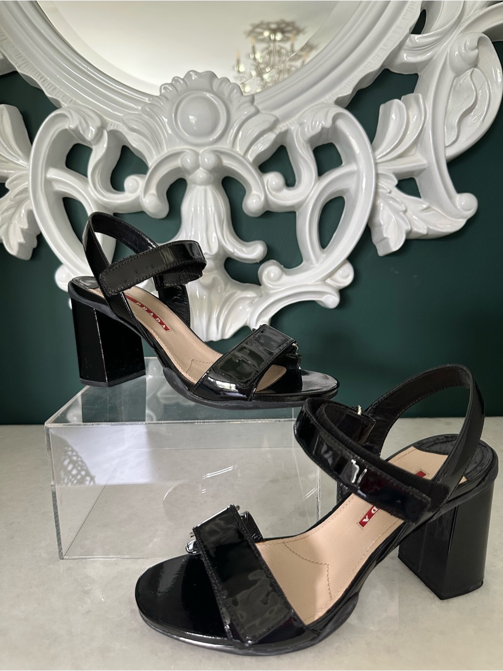 Prada Black Patent Leather Block Heel Sandals with Velcro Straps